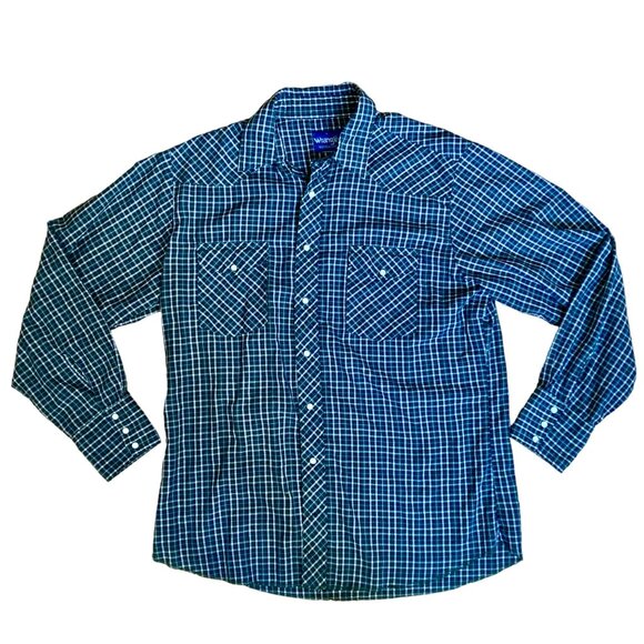 Vintage Wrangler Long-Sleeve Western Shirt Pearl Snap Plaid Green Men's Large - Picture 1 of 5